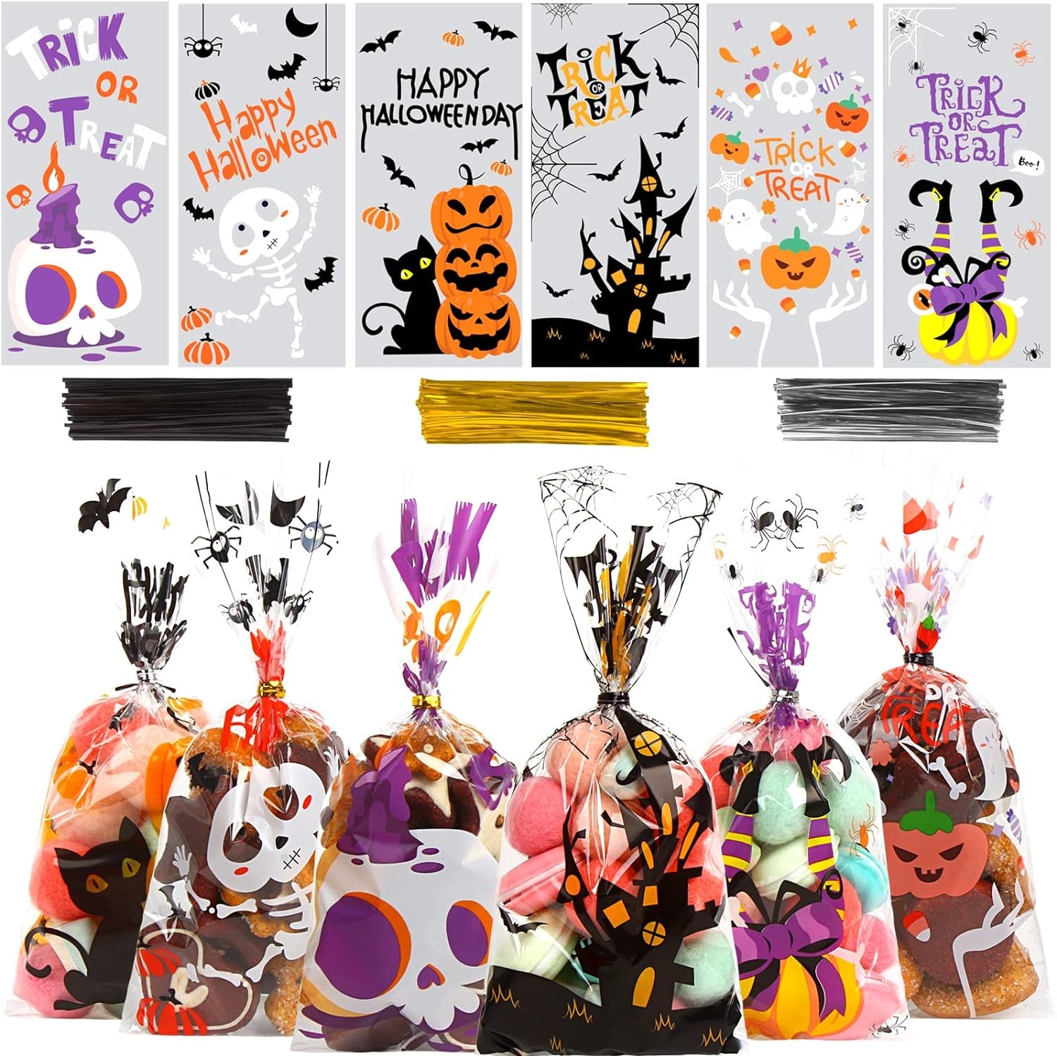 180 Pack Halloween Cellophane Treat Bags, Plastic Goodie Candy Bag for Kids Clear Goody Snack Bags Bulk Party Favors with 210 Twist Ties