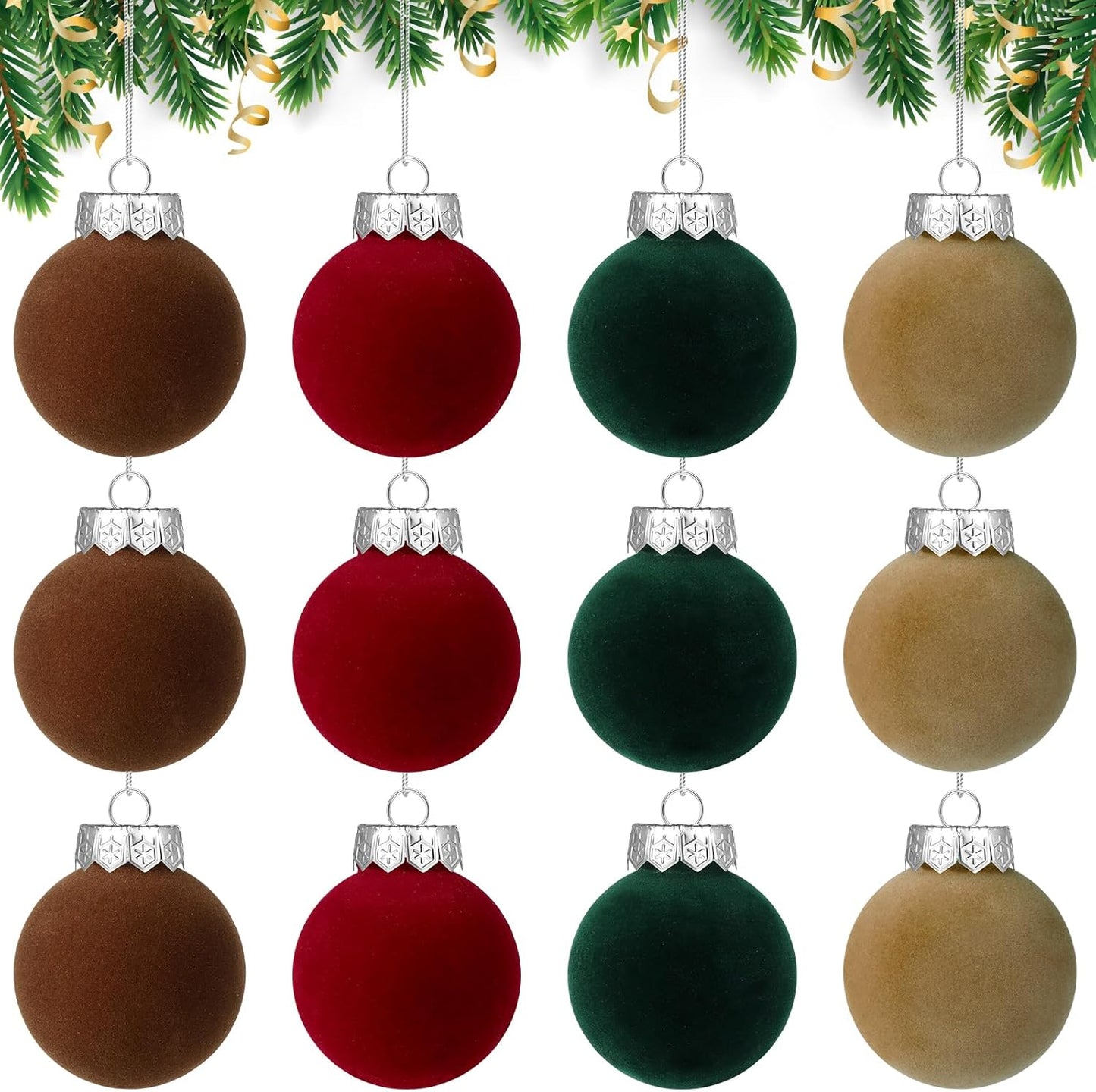 12 PCS Christmas Large Velvet Balls Ornaments 2.36In Shatterproof Red Green Tree Hanging Plastic Ball Set Xmas Bulk Flocked Ornaments for Christmas Tree Home Party Wreath Decorations