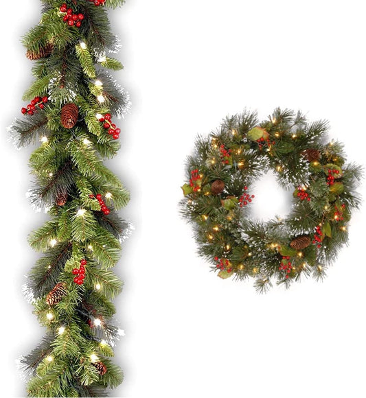 Pre-Lit Artificial Christmas Garland and Wreath Bundle, Green, Crestwood Spruce, White Lights