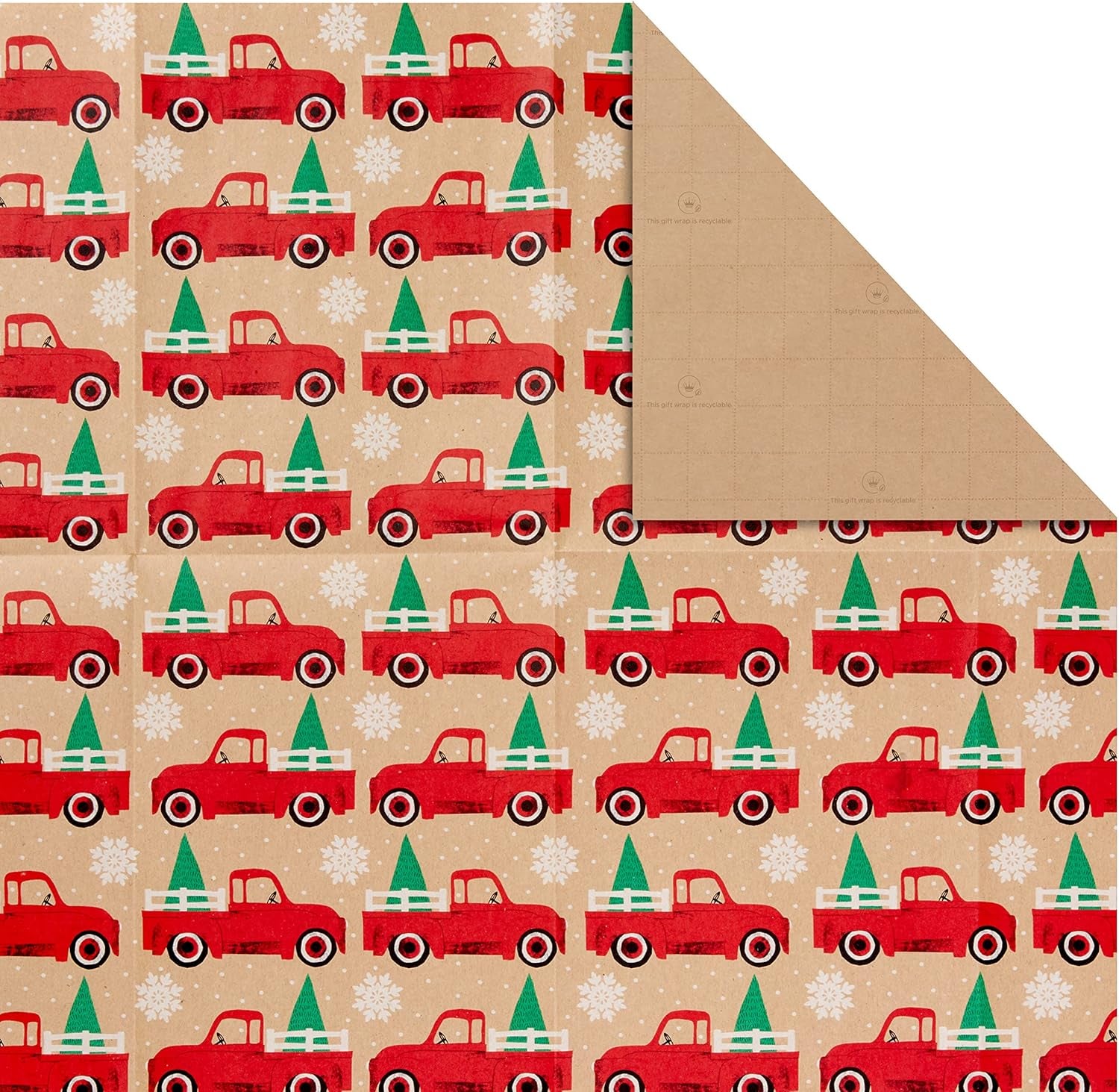 Christmas Flat Wrapping Paper Sheets - Recyclable Kraft Gift Wrap Paper (12 Folded Sheets with Sticker Seals) Rustic Red Trucks, White Snowflakes, Merry Christmas Lettering