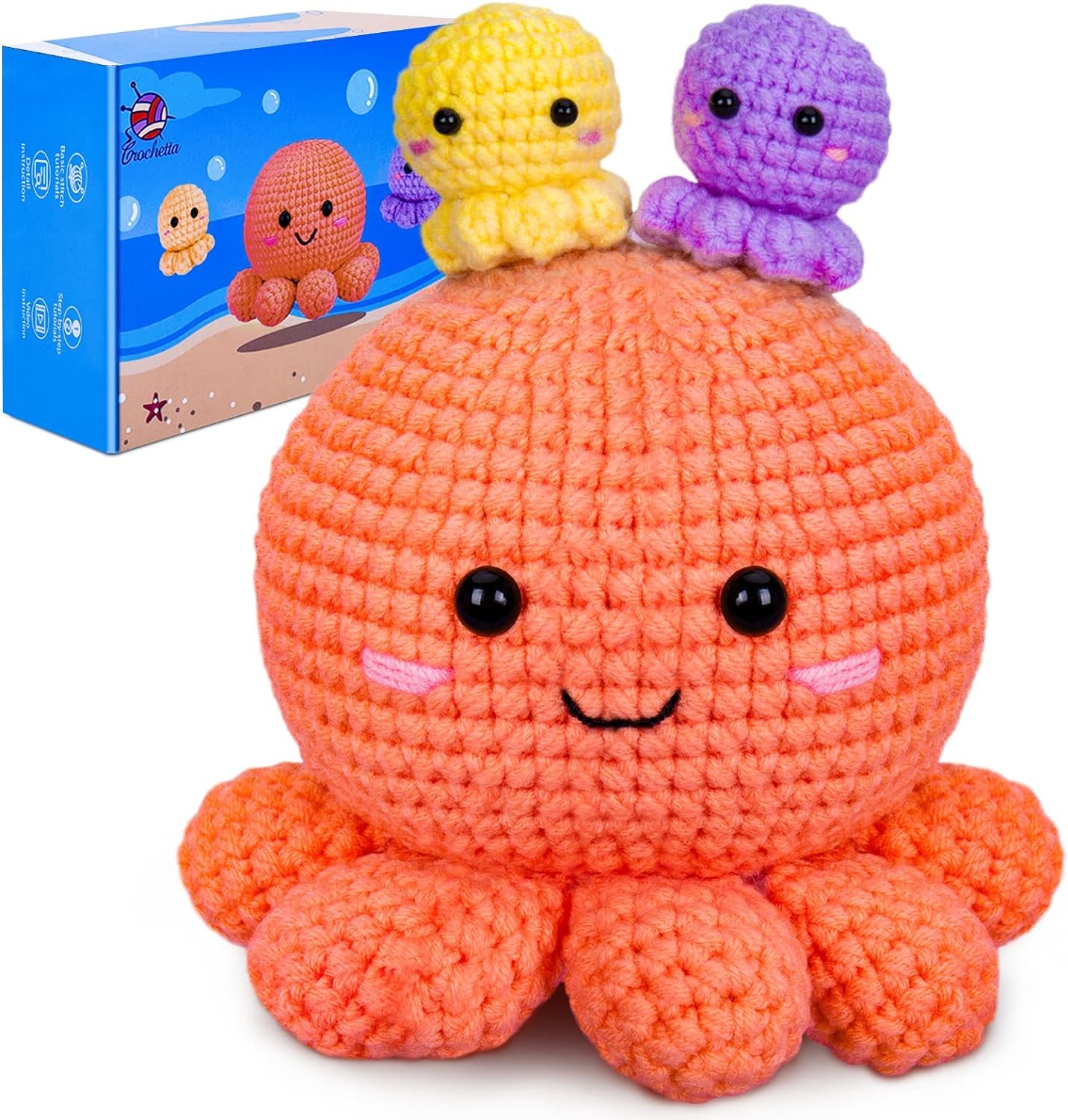 Crochet Kit for Beginners, Amigurumi Crocheting Animals Kits W Step-By-Step Video Tutorials, Knitting Starter Pack for Adults and Kids, Jumbo 2 Octopus Familly (40%+ Yarn Content)