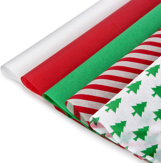 Christmas Tissue Paper Gift Wrapping Paper, 200 Sheets, 13.5" X 19.5", White, Red, Green, Red Stripe, Christmas Trees Design