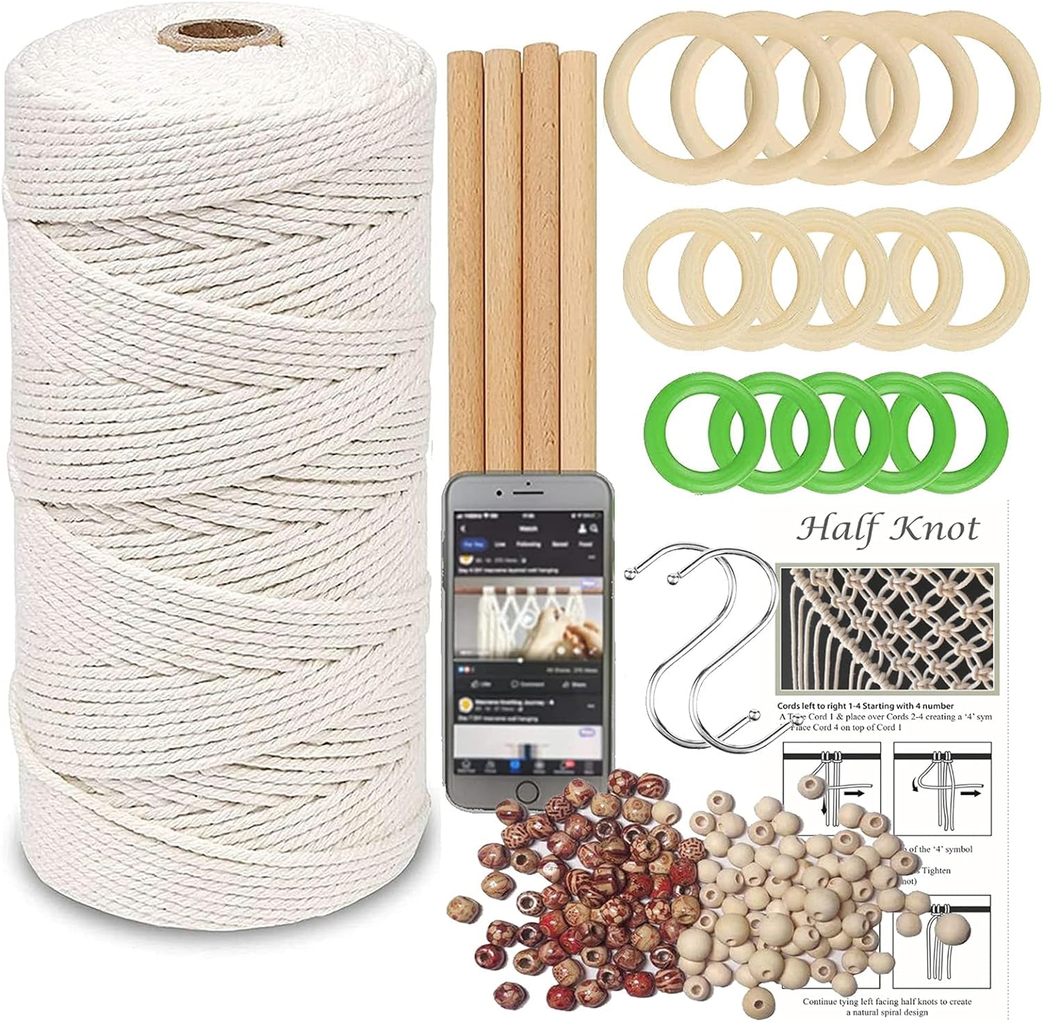 Macrame Kit, All in Macrame Supplies 109Yards X 3Mm Macrame Cord,Diy Macrame Kit for Adults Beginners, Macrame Beads with Wooden Rings and Wooden Sticks for Macrame Plant Hanger Kit