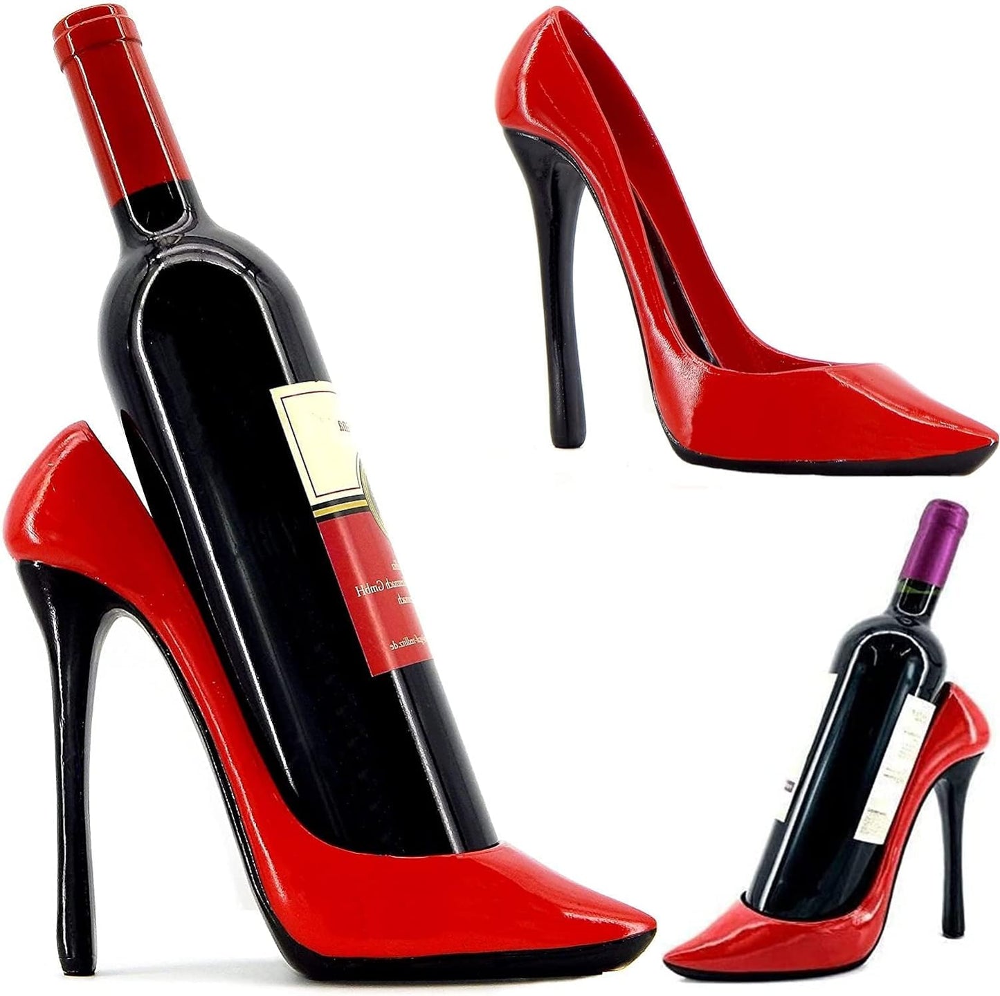 21381 Wine Bottle Holder Shoe Red Black High Heel Shaped Stiletto 8 Inch Tall