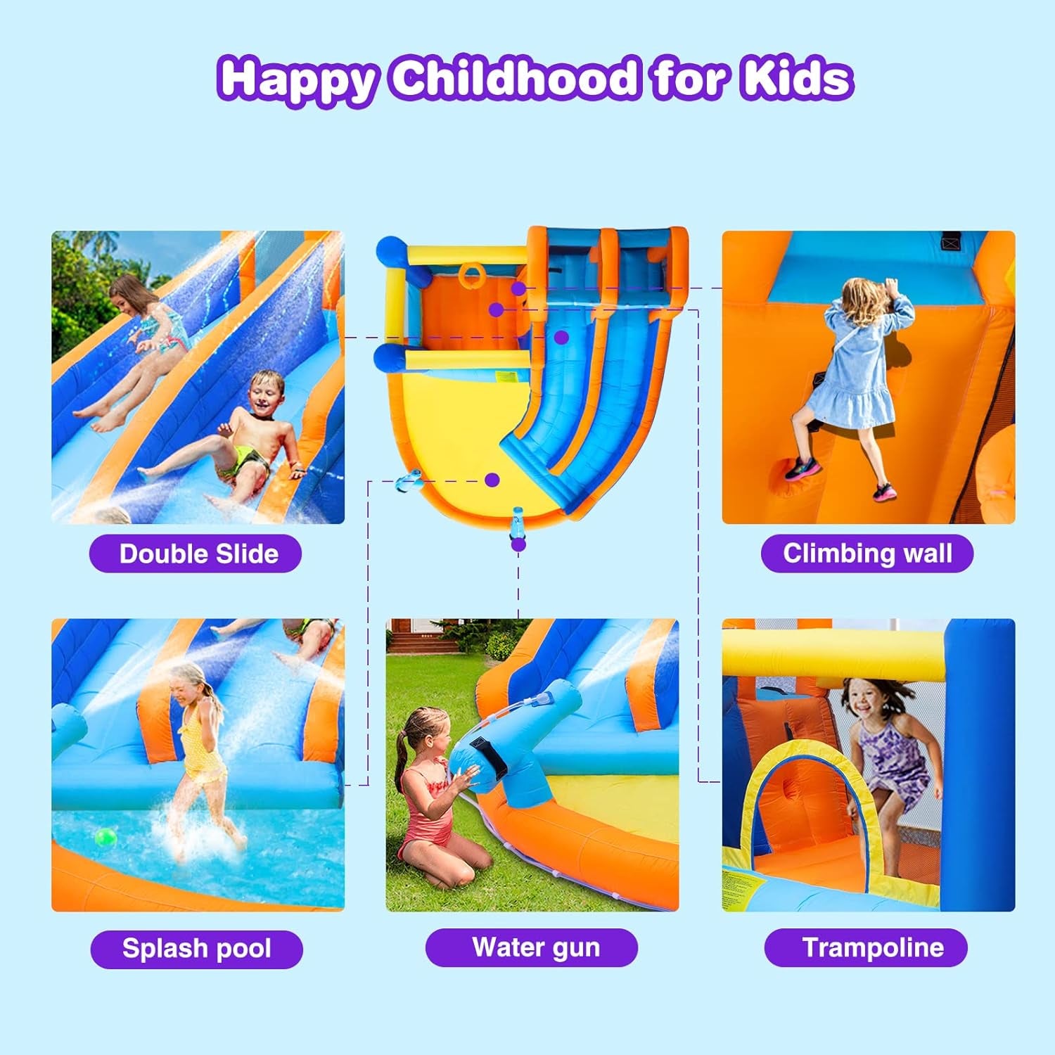 Inflatable Water Slide Bounce House,Giant Water Park, Double Slide Bouncer Castle W/Splash Pool, Jump Area, Climbing Wall, 550W Air Blower for Kids Backyard Indoor Outdoor Use,Free Water Gun