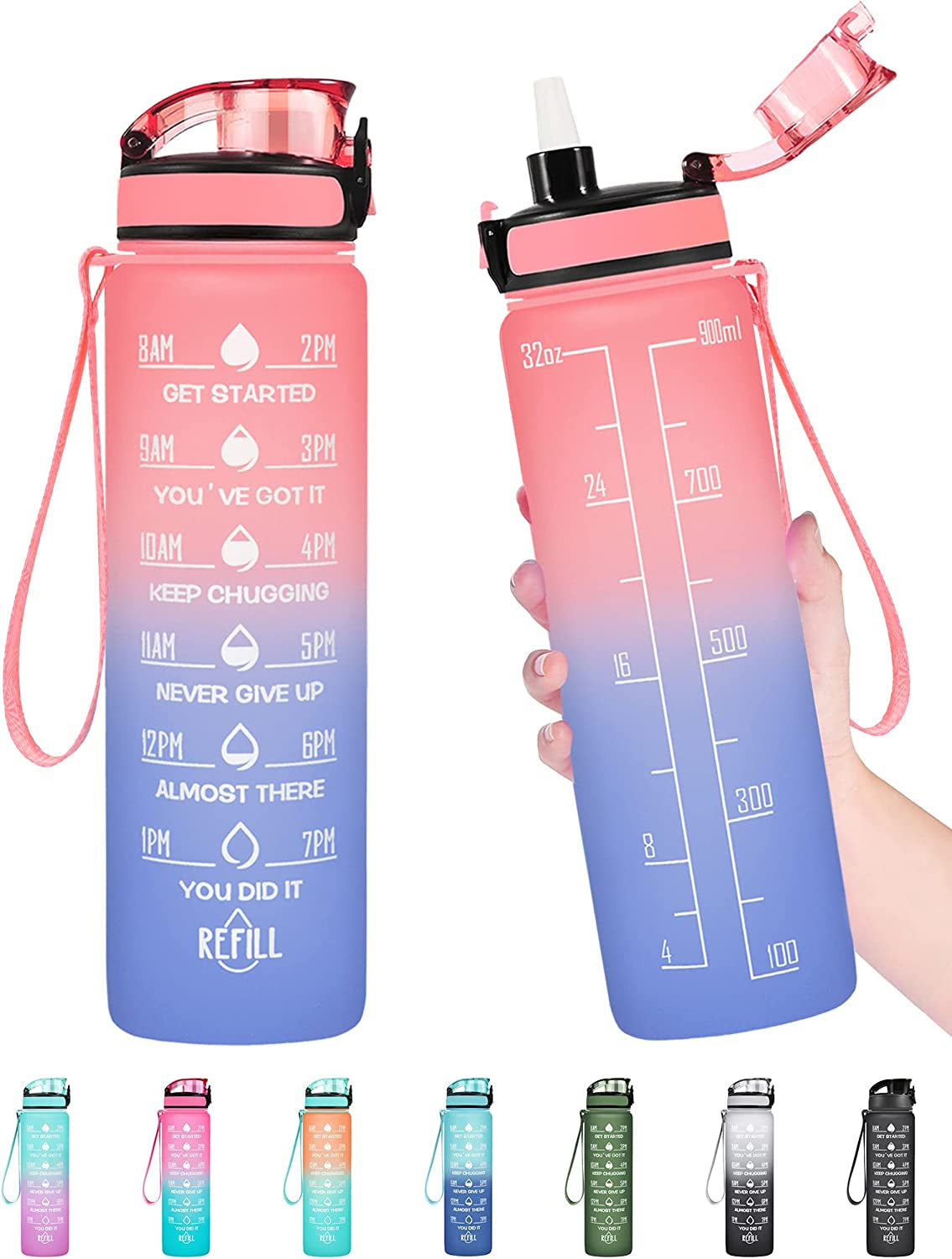 32 Oz Water Bottle, Leakproof BPA & Toxic Free, Motivational Water Bottle with Times to Drink and Straw, Fitness Sports Water Bottle with Strap for Office, Gym, Outdoor Sports, Gray-Black