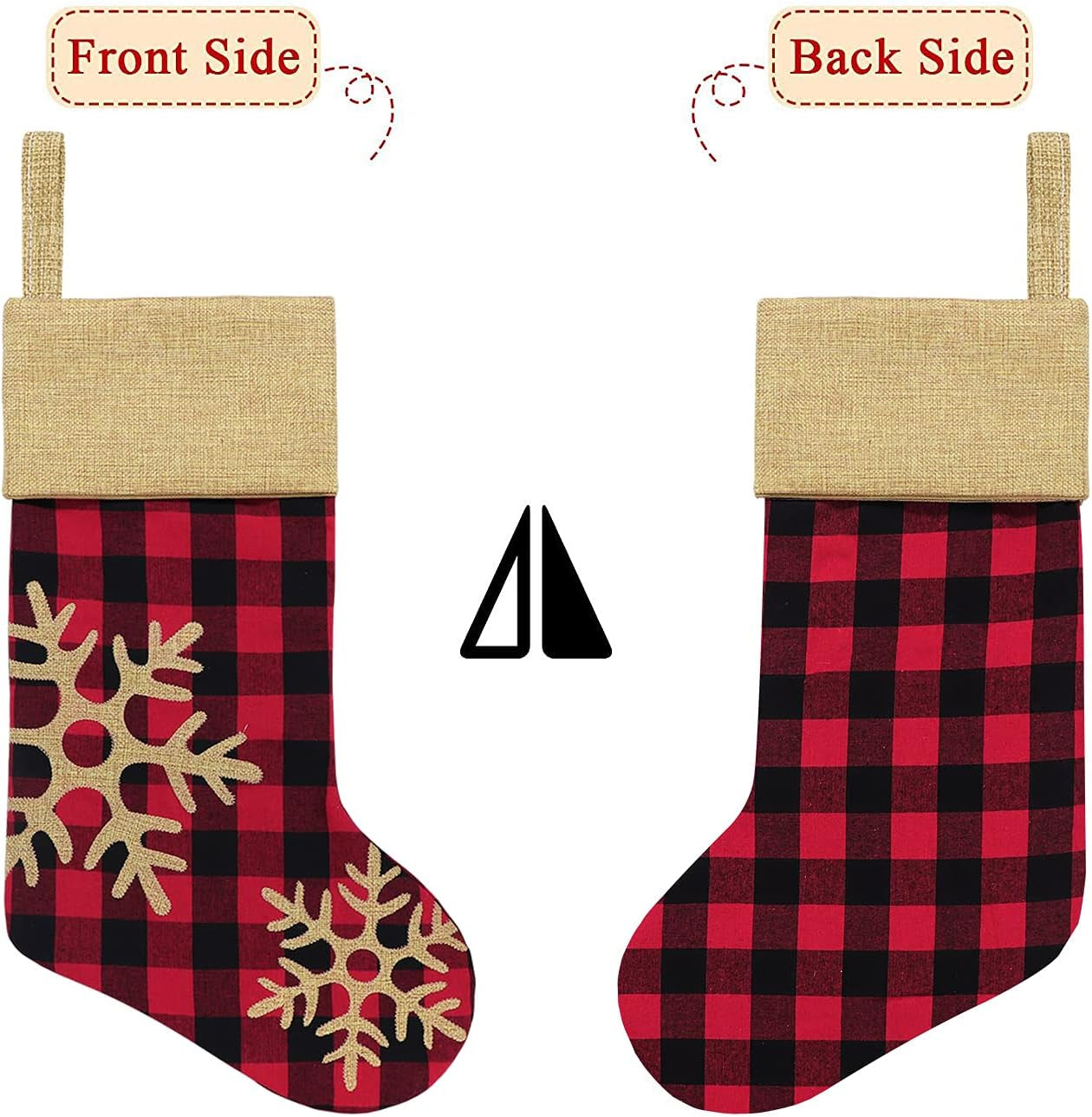 Christmas Stockings Decorations 6 Pack, 18 Inches Red Black Buffalo Plaid Xmas Ornaments, Rustic Cotton Linen with Embroidered Burlap, DIY Personalized Farmhouse Decor for Home Family Party Tree