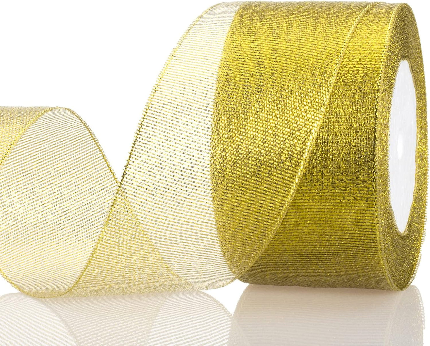 2 Inches Gold Glitter Ribbon, 25 Yards Sparkly Metallic Fabric Ribbons for Gifts Wrapping Wedding Party Decoration and Crafts