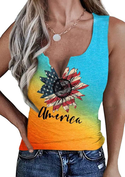 Womens American Flag Button V-Neck Tank Coloful Printed Sleeveless Patriotic Shirts Summer Tops