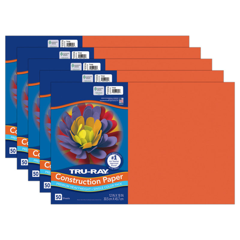 Construction Paper, Heavyweight, Orange, 12" x 18", 50 Sheets Per Pack, 5 Packs