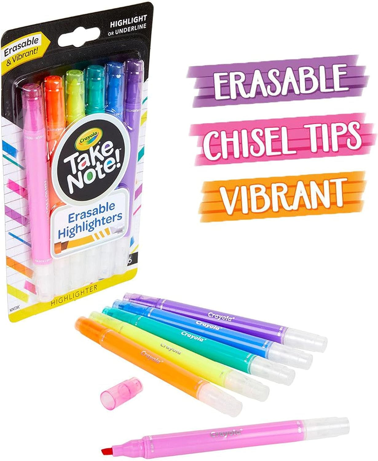 Take Note Erasable Highlighters, Cool School Supplies, Chisel Tip Markers, 6 Count