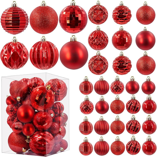 47PCS Christmas Tree Ornaments Sets, Red Shatterproof Plastic Christmas Tree Balls Decorations Xmas Tree Hanging Decor Red Ornaments for Christmas Tree Multi-Styles and 3 Sizes