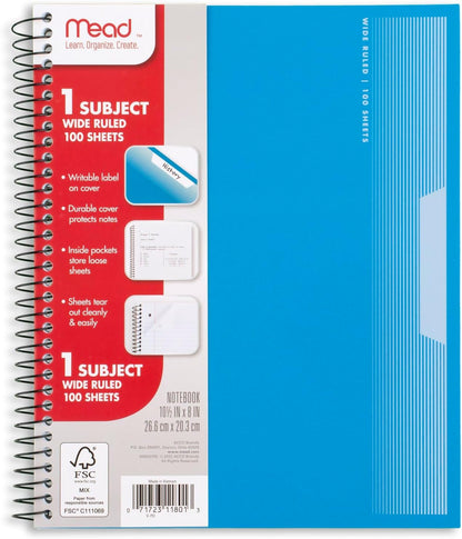 Spiral Notebooks, 5 Pack, 1-Subject, Wide Ruled Paper, Plastic Cover, 8" X 10-1/2", 100 Sheets, Black, Yellow, Red, Blue and Green (930093)