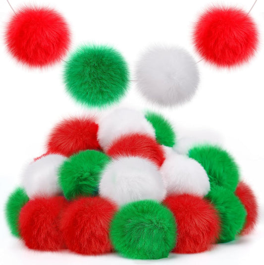 30 Pcs Christmas Yarn Pompom Fluffy Balls, Soft Faux Rabbit Fur Pompoms, Reusable Plush Puff Balls for DIY Xmas Handmade Crafts Gifts Costume Party Decorations (2In Red Green White)