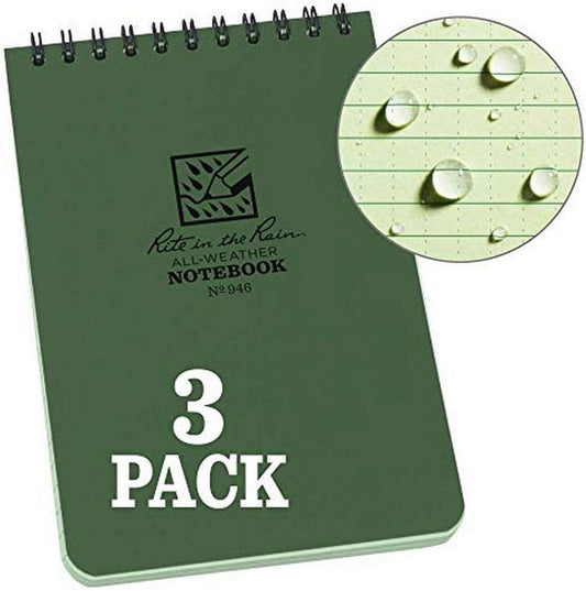 Weatherproof Top Spiral Notebook, 4" X 6", Green Cover, Universal Pattern, 3 Pack (No. 946-3)