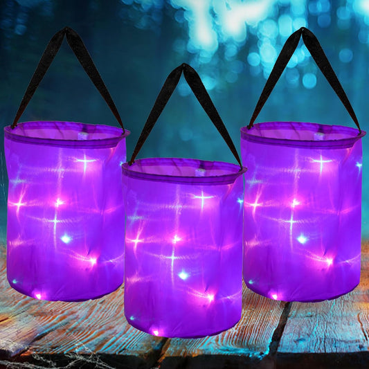 3 Pcs LED Light Halloween Candy Bags for Kids Light up Multipurpose Halloween Trick or Treat Bucket for Halloween Party Favors Goodie Bags,Purple