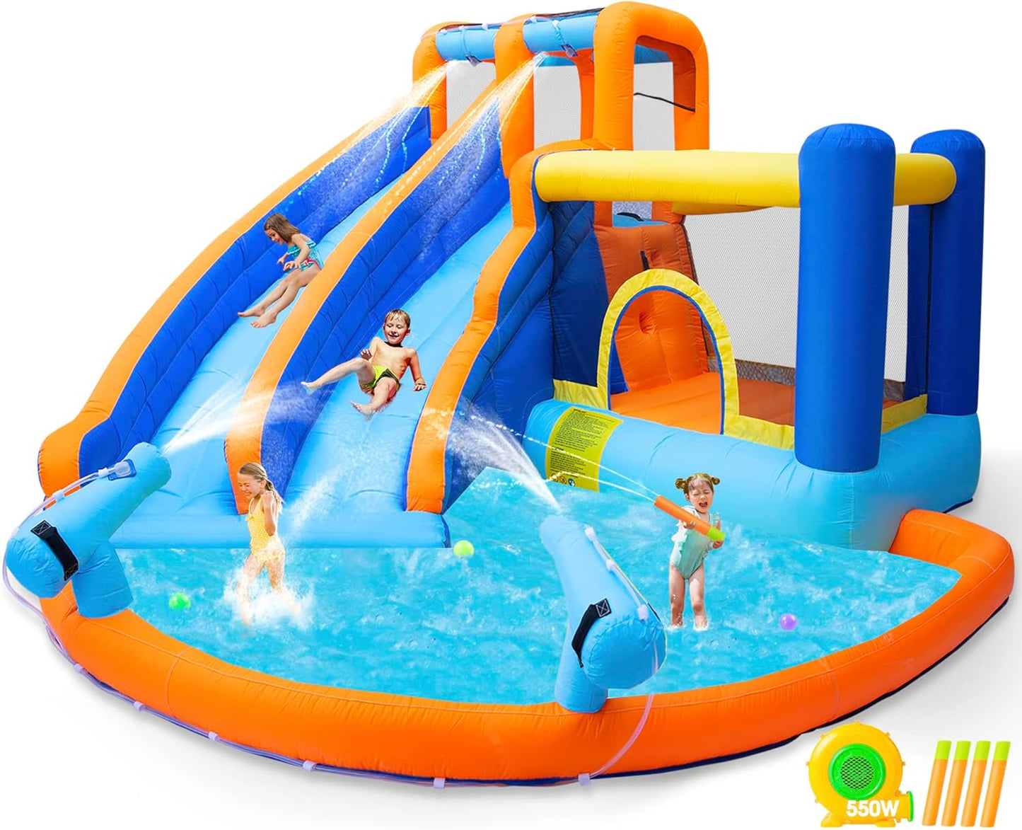 Inflatable Water Slide Bounce House,Giant Water Park, Double Slide Bouncer Castle W/Splash Pool, Jump Area, Climbing Wall, 550W Air Blower for Kids Backyard Indoor Outdoor Use,Free Water Gun