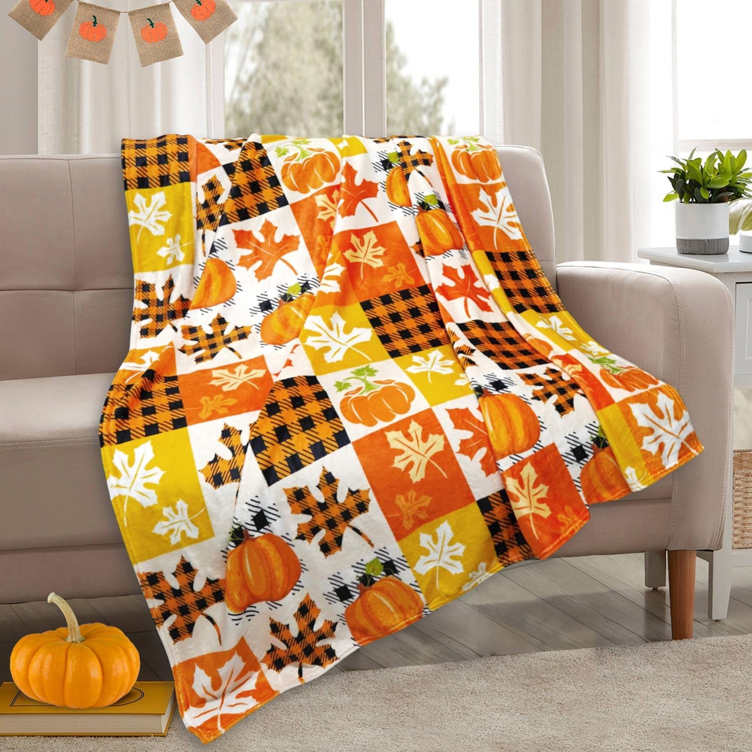 Fall Plaid Throw Blanket 50" X 60", Fall Blankets and Throws, Cozy Fall Fleece Throw Blanket for Couch, Autumn Pumpkin and Leaves Blanket, Fall Throws