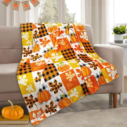 Fall Plaid Throw Blanket 50" X 60", Fall Blankets and Throws, Cozy Fall Fleece Throw Blanket for Couch, Autumn Pumpkin and Leaves Blanket, Fall Throws