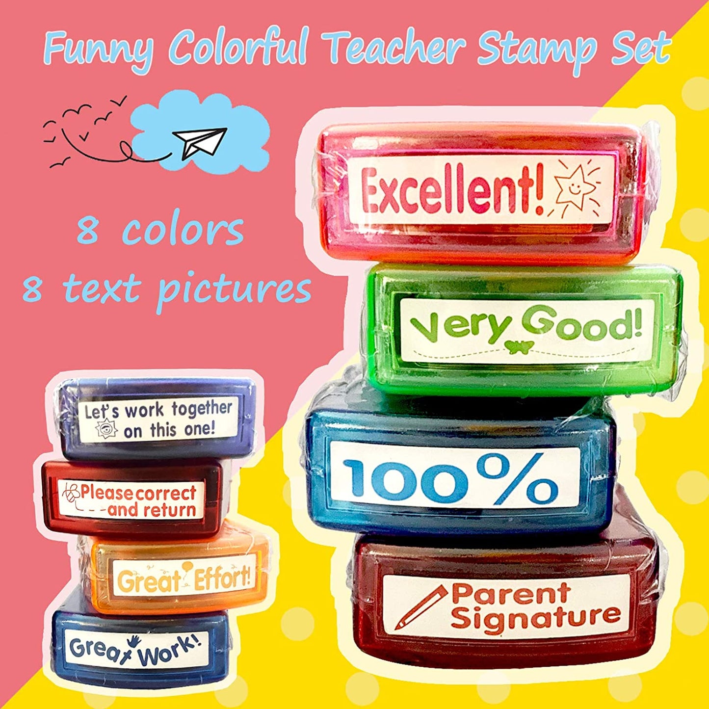 Rectangular Teacher Stamps for Grading Classroom，Parent Signature Teacher Self-Inking Set Stamps for Homework Teacher Supplies with 8 Pcs