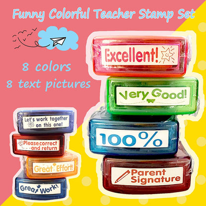 Rectangular Teacher Stamps for Grading Classroom，Parent Signature Teacher Self-Inking Set Stamps for Homework Teacher Supplies with 8 Pcs