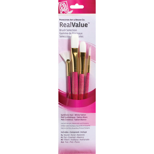 RealValue Brush Set, White Taklon Bristles, Short Handle Mixed Media Paintbrush, Pink, 4 Pieces