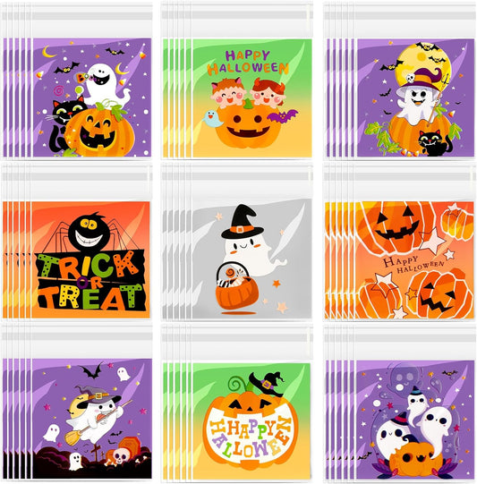 450Pcs Halloween Candy Bags, 9 Styles Self Adhesive Trick Candy Bag Cellophane Cookie Bags for Halloween Trick or Treat Goodie Ziplock Bags Party Favor