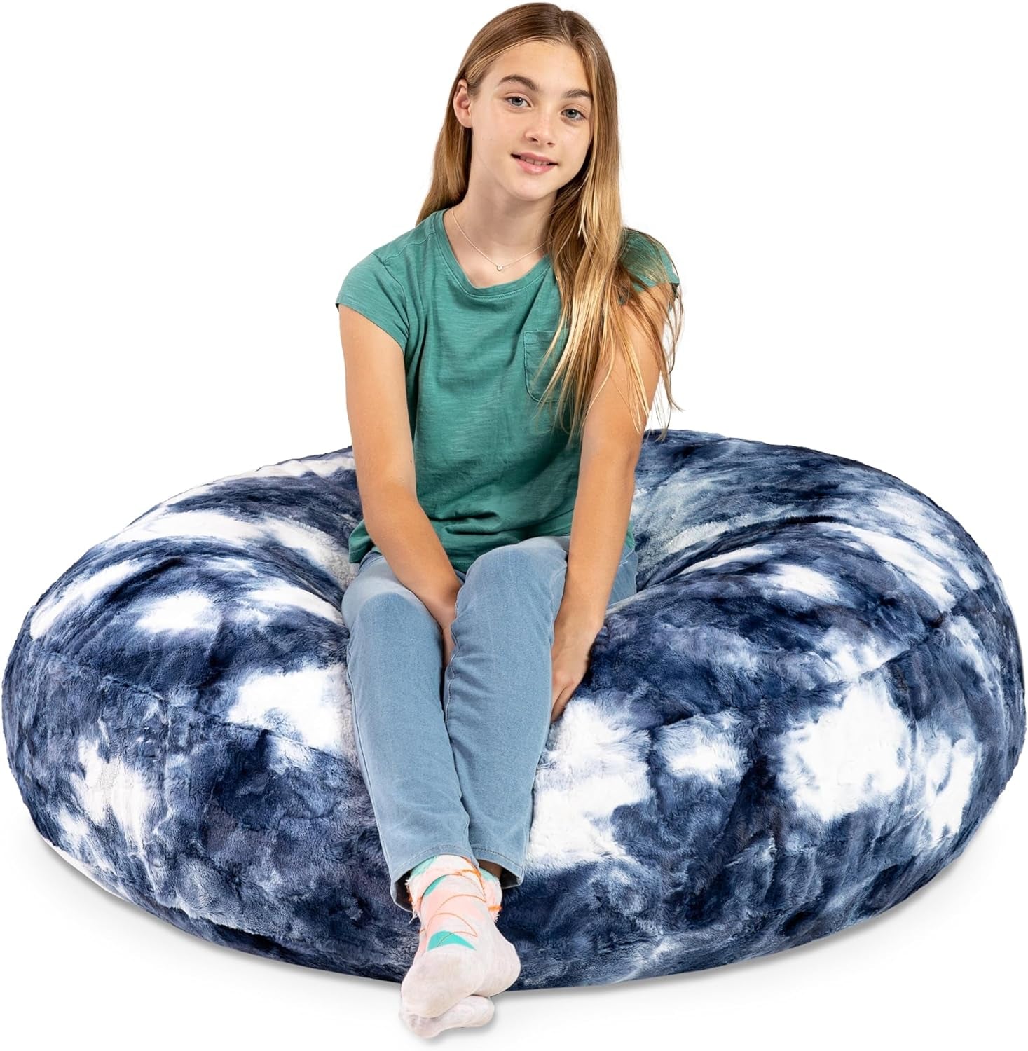 Cocoon 4 Foot Bean Bag Chair - Faux Fur, Blue & White Print