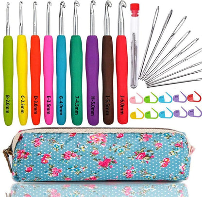 Large-Eye Blunt Needles Yarn Knitting plus Crochet Hooks Set with Case for Arthritic Hands, Ergonomic Handle. Best Gift!