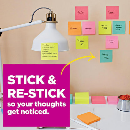 Super Sticky Notes, 3 Sticky Note Pads, 3 X 3 In., School Supplies for Students, Ideal for Textbooks, Notebooks, Walls and Vertical Surfaces, Energy Boost Collection