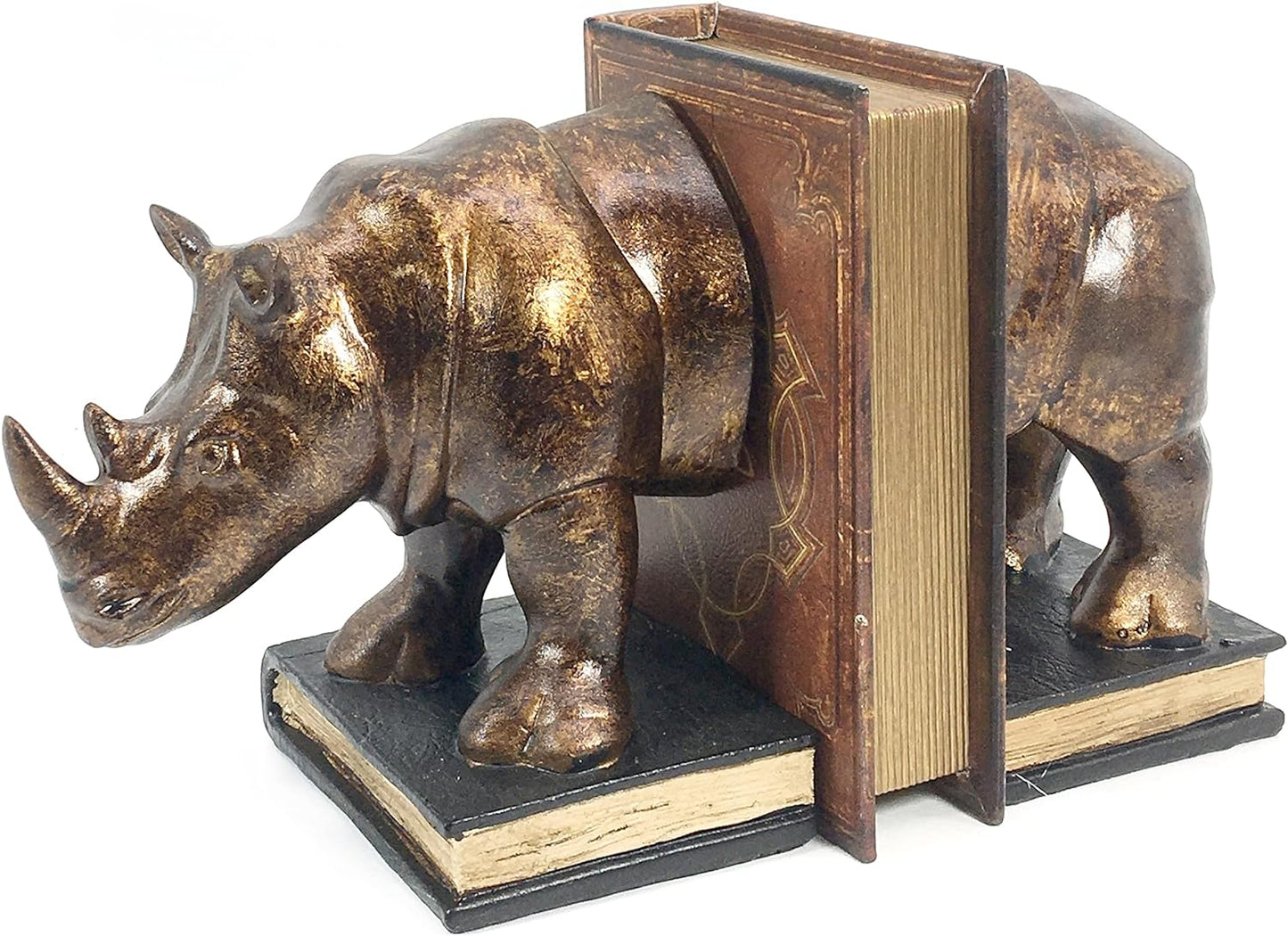 Rinocer Decorative Bookend the Cool Rhino Book Ends Retro Rustic Vintage Style Rino Statues Wildlife Jungle Animal Home Decor Bookshelves Golden Rhinoceros 7 Inch