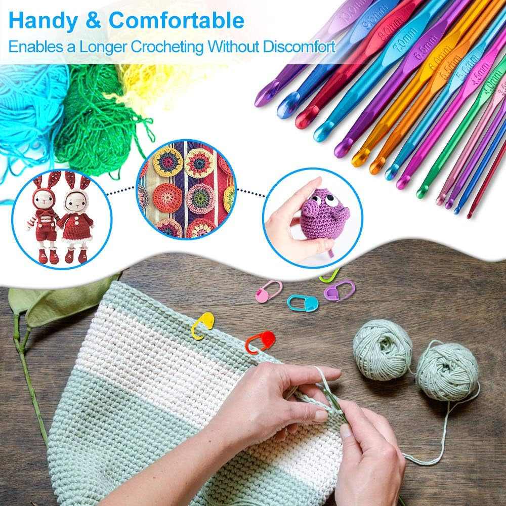 37 PCS Crochet Hooks Set, High Quality Coloured Aluminum Ergonomic Handle Crochet, Hook Needles for Arthritic Hands, with Stitch Markers and Large-Eye Blunt Needles