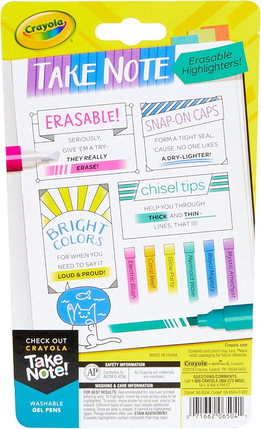 Take Note Erasable Highlighters, Cool School Supplies, Chisel Tip Markers, 6 Count