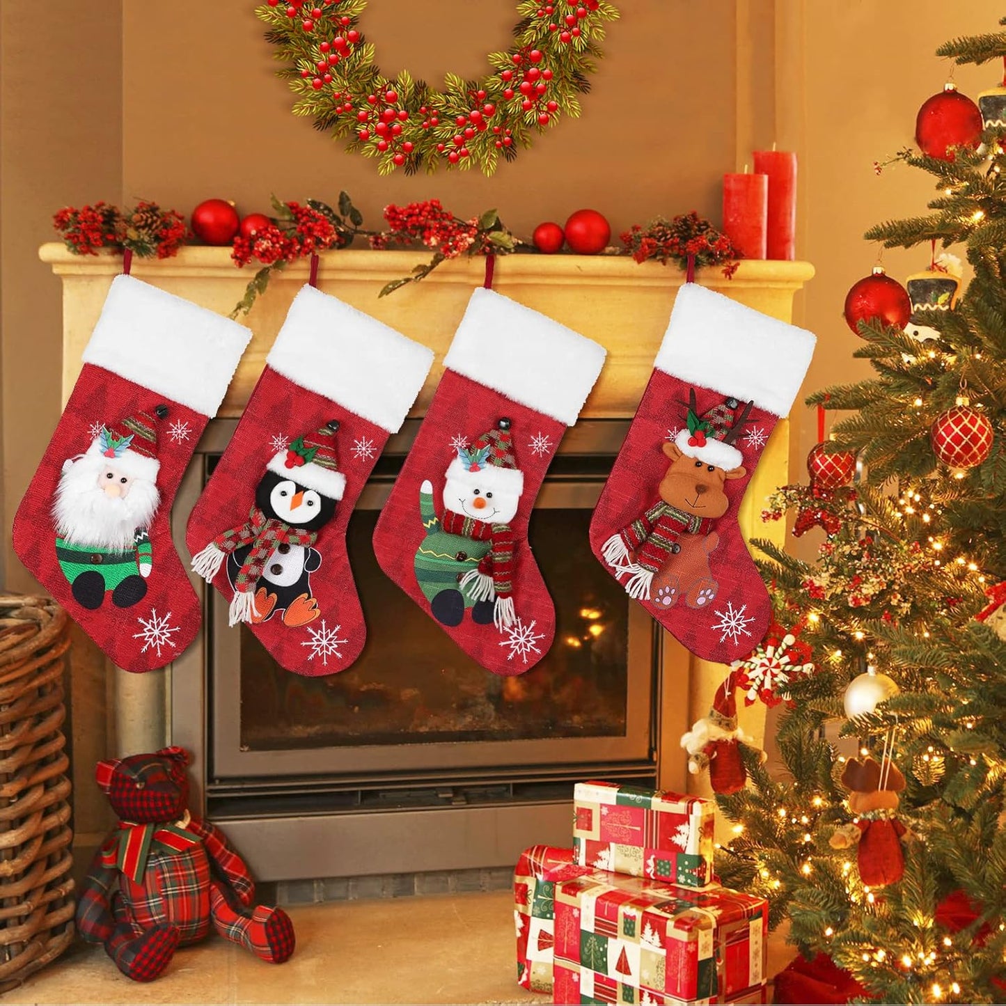 Christmas Stockings 4 Pack, 19'' Xmas Stockings with Snowflake Santa Snowman Reindeer Penguin and Plush Faux Fur Cuff Stockings for Stairs Fireplace Hanging Xmas Home Decor