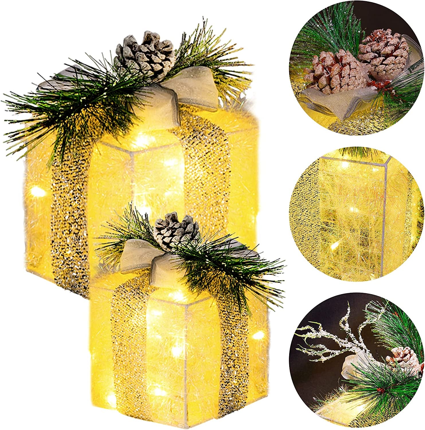 Set of 3 Christmas Lighted Gift Boxes, Pre-Lit 60 LED Light up Present Boxes Ornament Outdoor Warm White Tinsel Boxes Decoration for Indoor Christmas Home Yard Lawn Decor