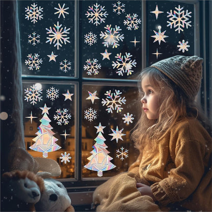 28 Pieces Snowflake Window Clings - Sun Catcher Stickers Window Decals for Glass Windows to Prevent Bird Strikes Collisions Non Adhesive Prismatic Vinyl Rainbow Christmas Window Stickers