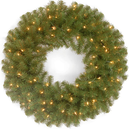 Pre-Lit Artificial Christmas Wreath, Green, North Valley Spruce, White Lights, Christmas Collection, 24 Inches, NRV7-300D-24WB1