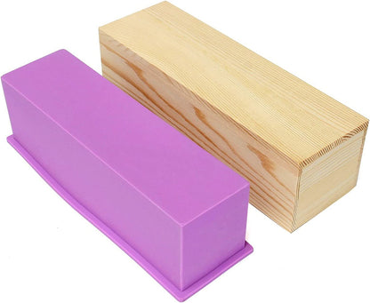 Silicone Soap Molds Kit-42 Oz Wooden Silicone Soap Rectangular Mold with Stainless Steel Wavy & Straight Scraper for Soap Cake Making (Purple)