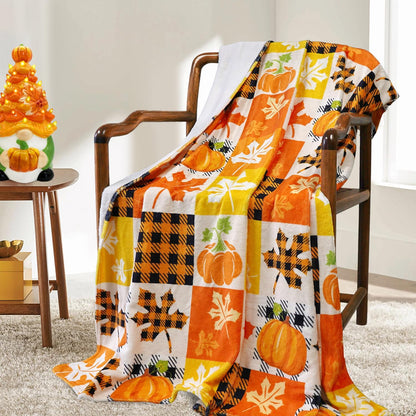 Fall Plaid Throw Blanket 50" X 60", Fall Blankets and Throws, Cozy Fall Fleece Throw Blanket for Couch, Autumn Pumpkin and Leaves Blanket, Fall Throws