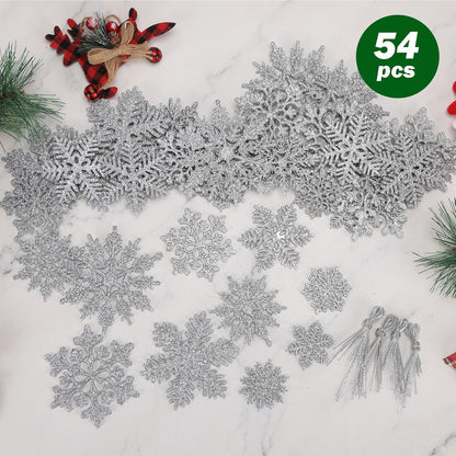 54Pcs White Snowflakes Christmas Tree Decoration, Glittering Plastic Snow Flake Ornaments, Hanging Snowflake for Indoor Winter Wonderland Decor