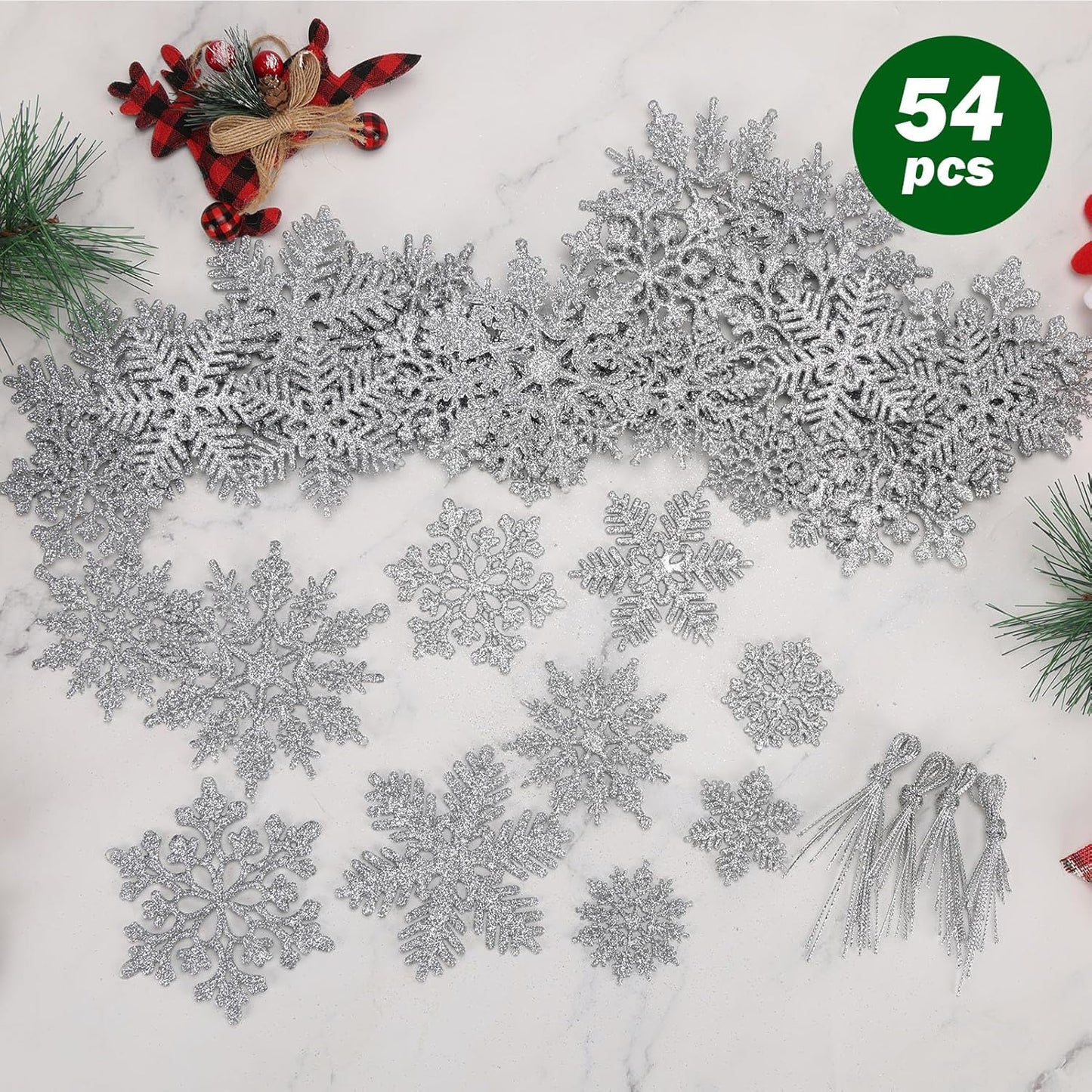 54Pcs Silver Snowflakes Christmas Tree Decoration, Glittering Plastic Snow Flake Ornaments, Hanging Snowflake for Indoor Winter Wonderland Decor