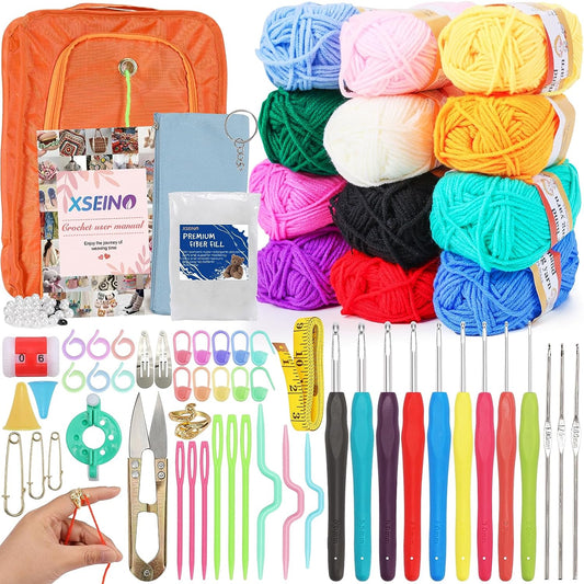 Crochet Kit with Step-By-Step Video Tutorials，Premium Bundle Includes 12 Roll X50Yard Acrylic Yarn Balls, 12 Crochet Hooks, Crochet Bag and All Accessories Kit, Crochet Kit for Beginners