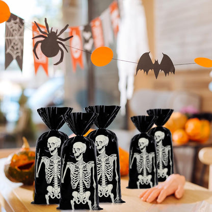 150Pcs Halloween Cellophane Gift Bags with 200Pcs Twist Ties Funny Skeleton Party Favor Bags Candy Goodie Treat Bags for Trick or Treat Birthday Party Supplies