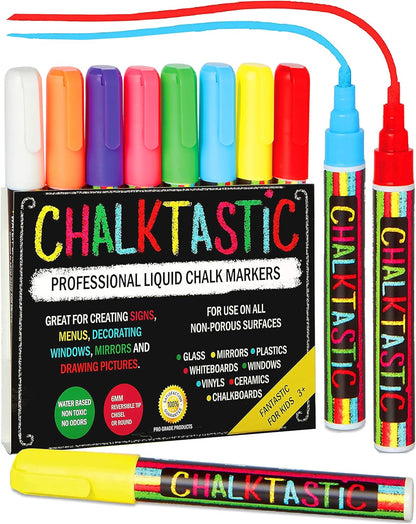 Chalkboard Markers Set of 8 Washable, Erasable Chalk Ink Dry Erase Pens for School, Chalkboard Menu Board & Glass Car Window - Neon, Pastel, White Chalk Pens - Gifts for Artists