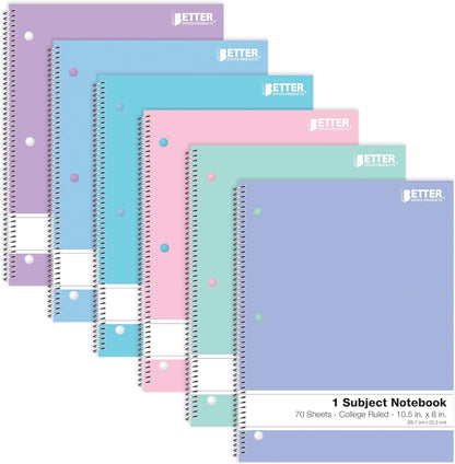 Spiral Notebooks, 6 Pack, 1 Subject, 70 Sheets, 10.5 X 8 Inches, 6 Assorted Pastel Colors (College Ruled)