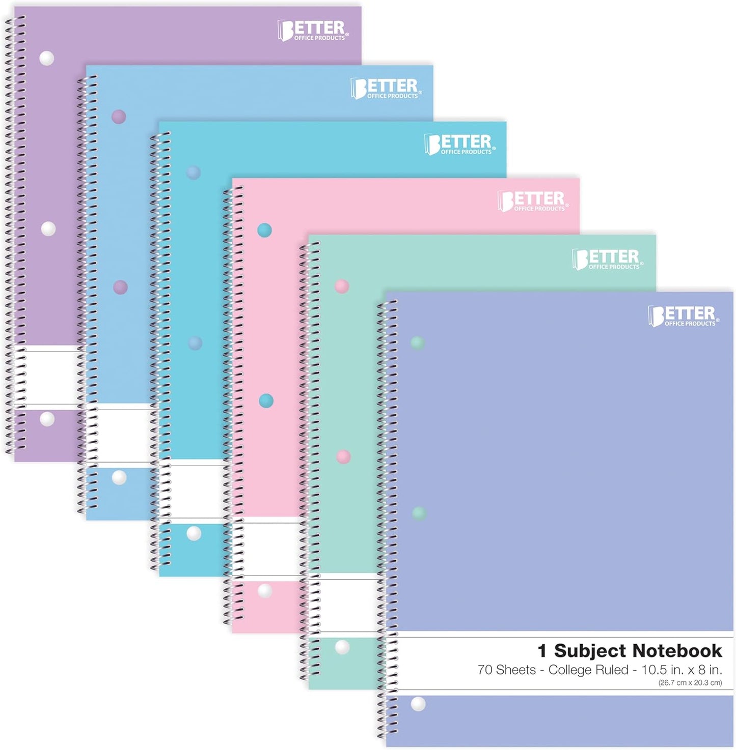 Spiral Notebooks, 6 Pack, 1 Subject, 70 Sheets, 10.5 X 8 Inches, 6 Assorted Pastel Colors (Wide Ruled)