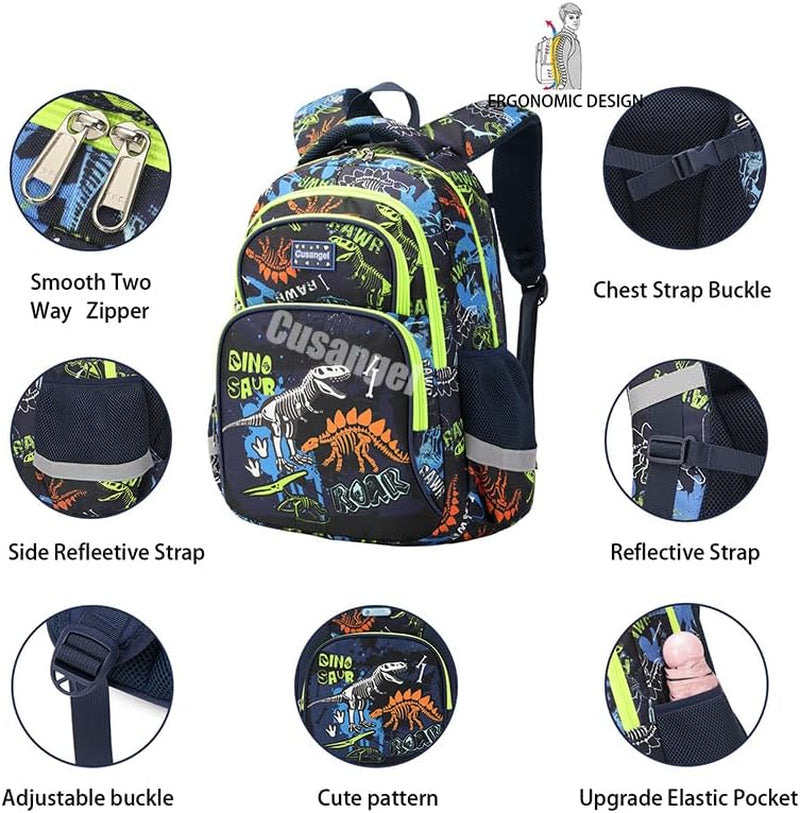 Kids Backpack Boys,Boys Backpack with Lunch Box Multi Compartment Backpack, Dinosaur Backpack Chest Strap Side Pockets 16 Inch