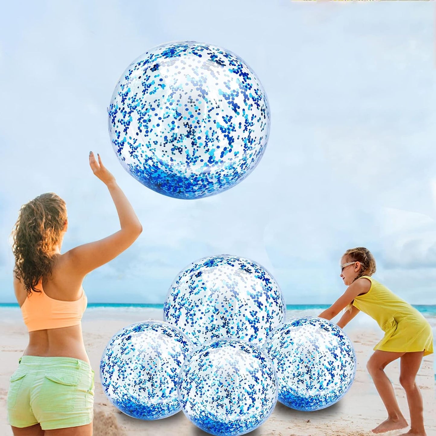 5 Pack Sequins Beach Balls Pool Toys Balls 16 Inch 24 Inch Confetti Glitters Inflatable Clear Beach Ball Swimming Pool Water Beach Toys Summer Outdoor Party Favors for Kids Adults