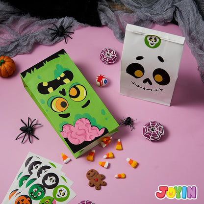 72PCS Halloween Treat Bags, 6 Styles Trick or Treat Paper Bags with Stickers, Halloween Goodie Bags for Kids, Halloween Candy Bags, Halloween Party Favors Decorations