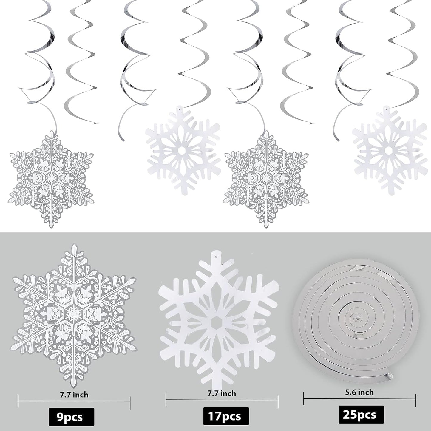 51Pc Christmas Snowflake Swirl Hanging Decorations - White Silver Ornaments for Holiday Winter Theme Parties